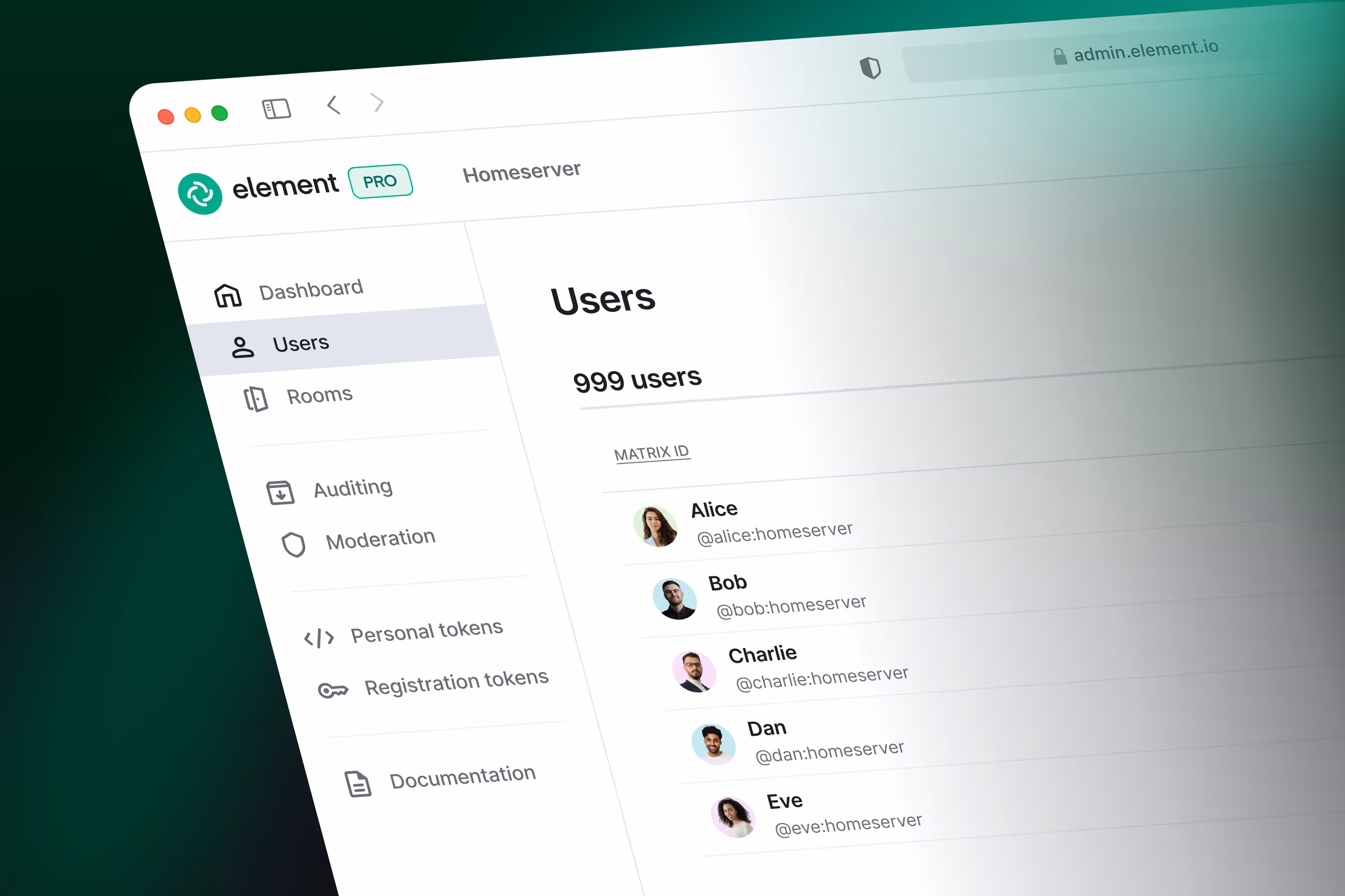 Admin console showing Alice and Bob as part of the user list.