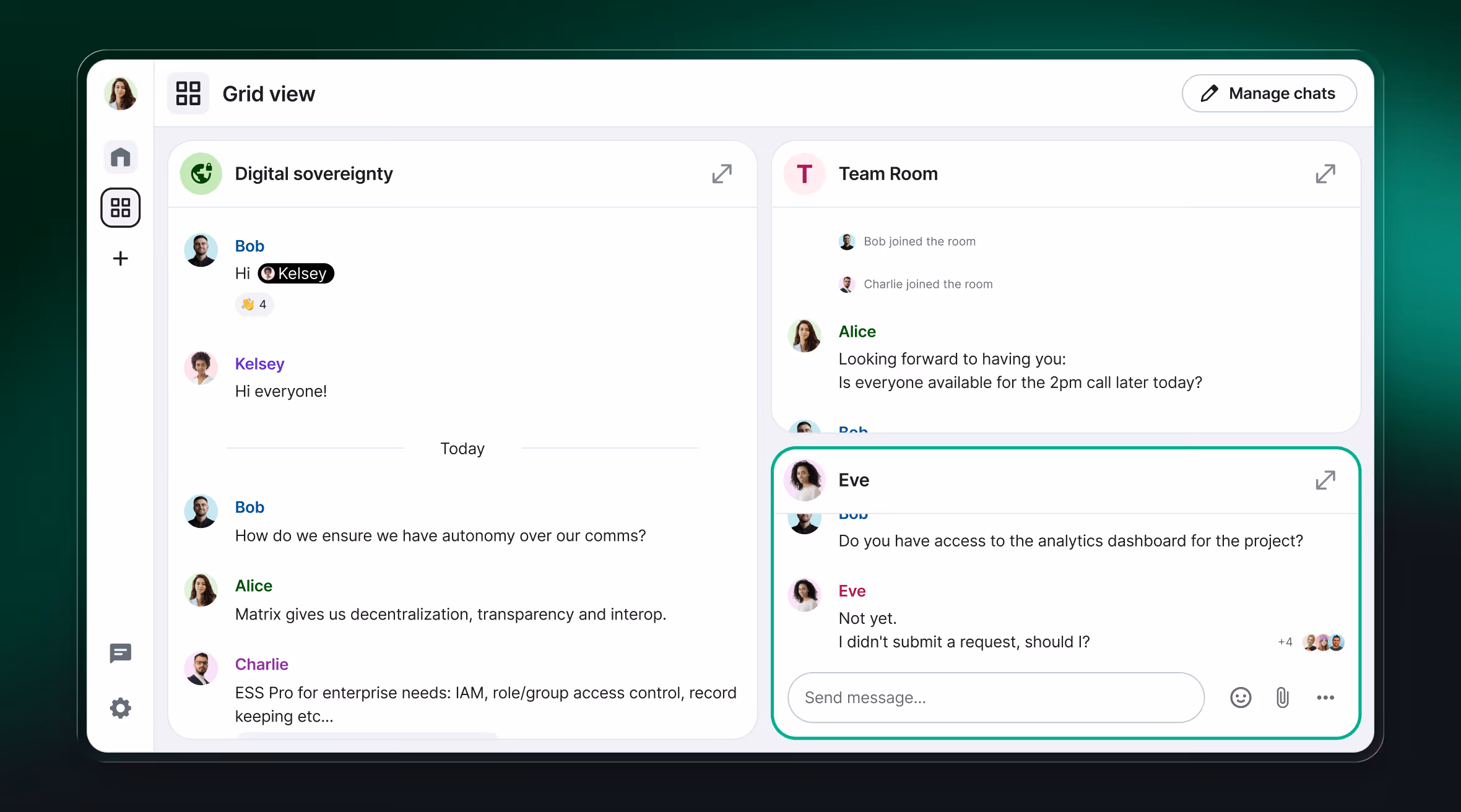 Element grid view showing 3 rooms messages